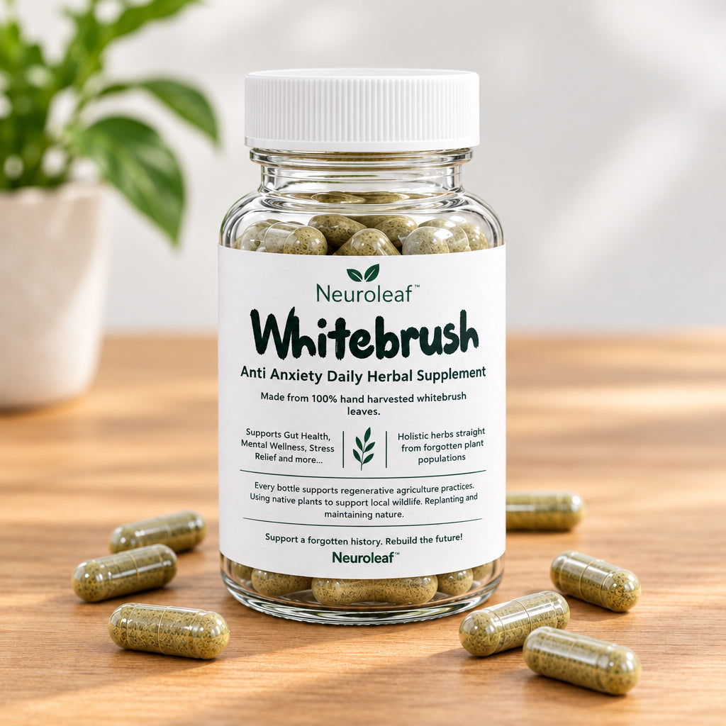 A clear plastic bottle of Whitebrush Anti Anxiety Daily Herbal Supplement with a white cap and white label, photographed on a white background.