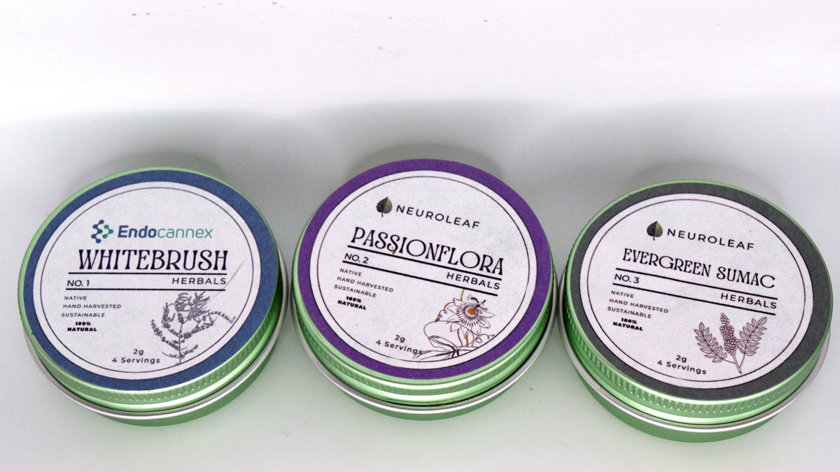 NeuroLeaf Whitebrush, Passionflower, and Evergreen Sumac botanical tins