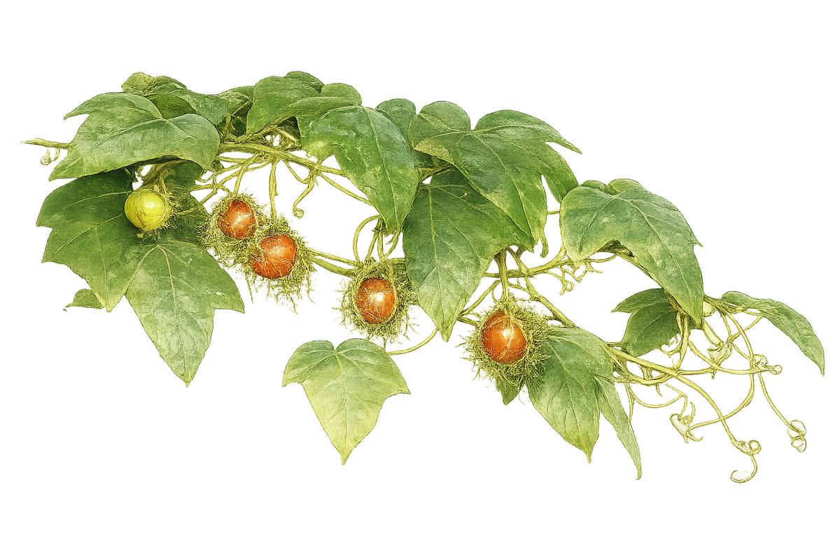 Passionflower vine showing maturing fruit that turns red and sweet.